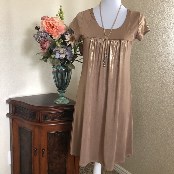 Sushiflower Gold Metallic Short Sleeve Slip Dress - Picture 3 of 14